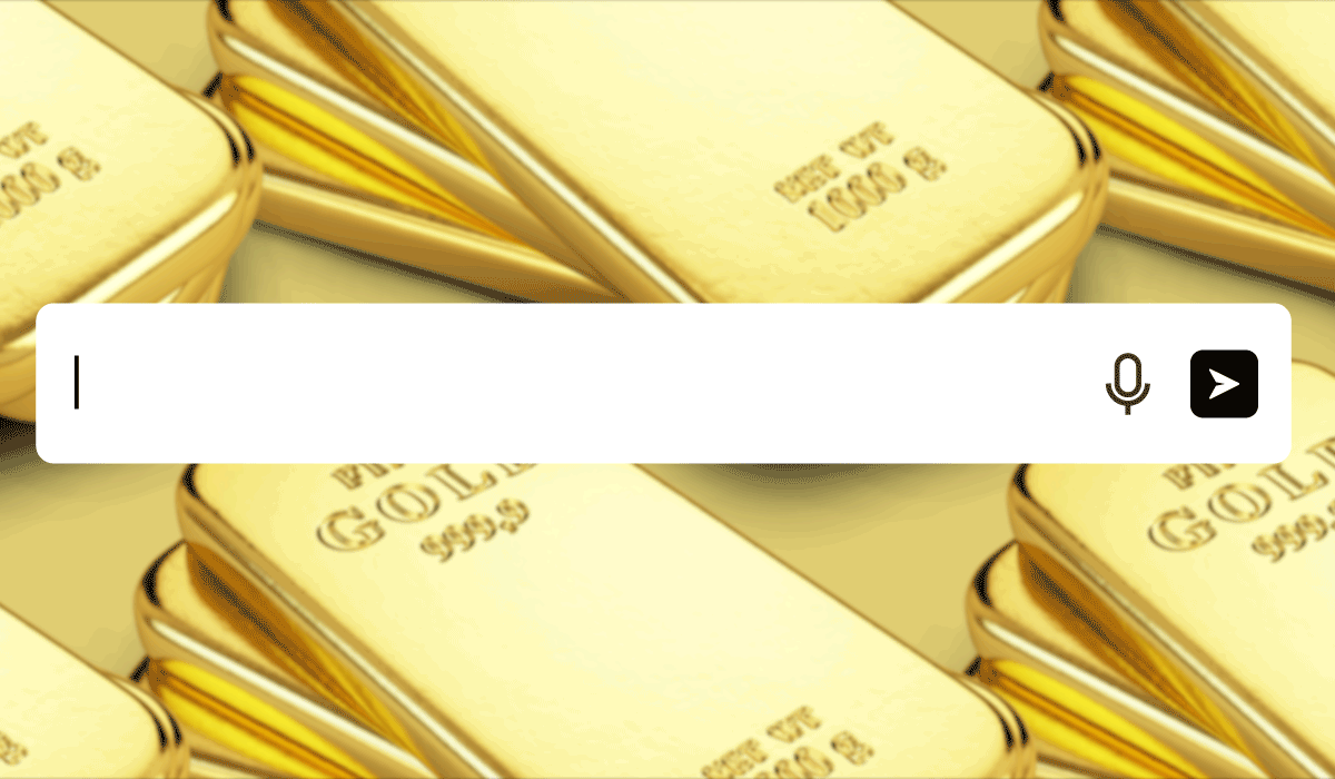 Piles of gold bars with a search bar on top with the words 'How do rising gold prices affect my portfolio?' animating in.