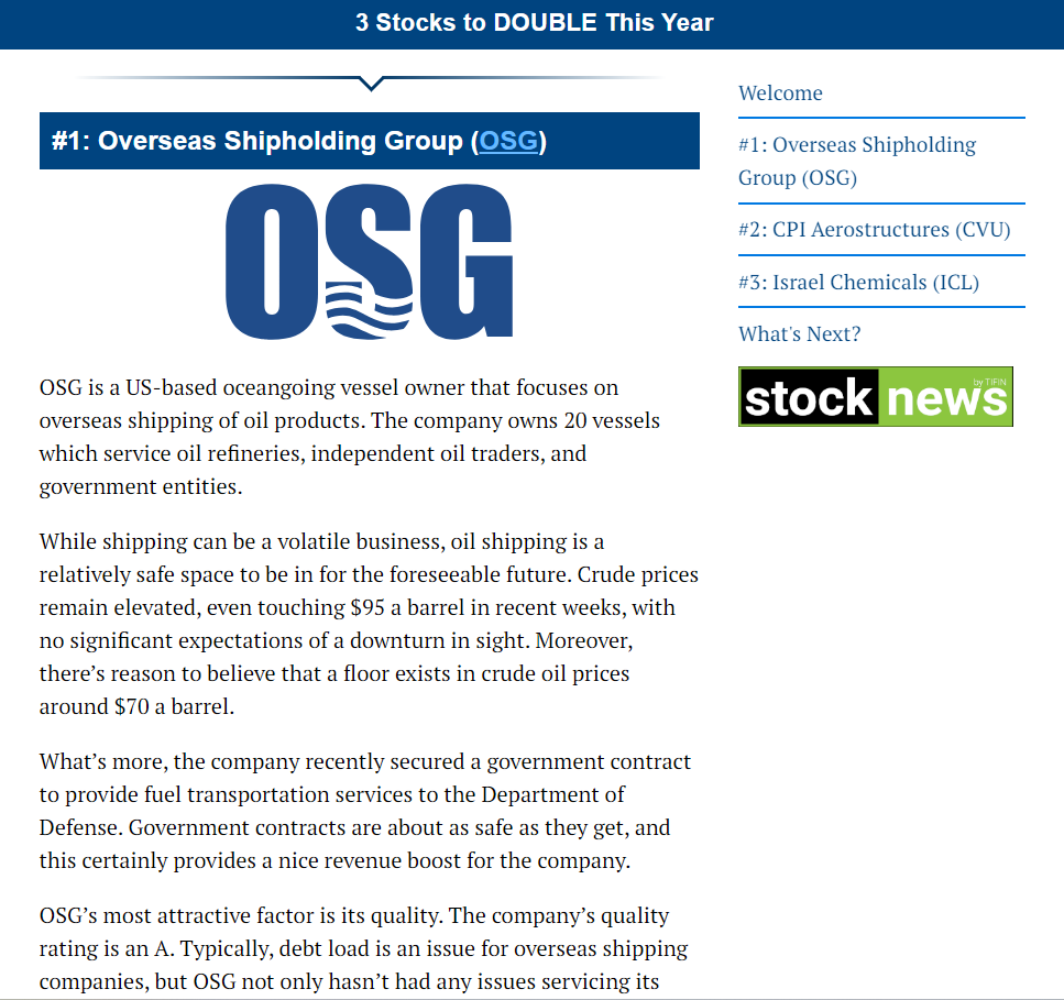 A desktop format screenshot of the '3 Stocks to Double This Year Report' online report.